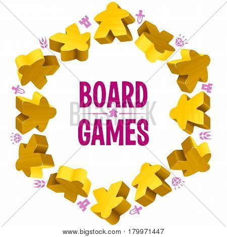 Hex frame of yellow meeples for board games. Game pieces and resources counter icons isolated on white background. Vector border for design boardgames advertisement or template of geek t-shirt print