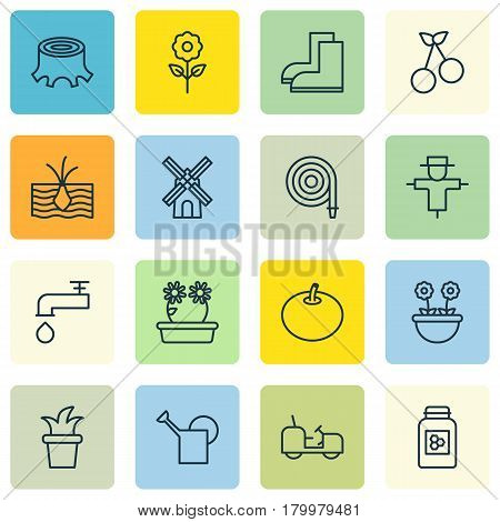 Set Of 16 Holticulture Icons. Includes Floweret, Gardening Shoes, Agrimotor And Other Symbols. Beautiful Design Elements.