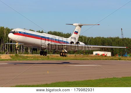 CHKALOVSKY, MOSCOW REGION, RUSSIA - JULY 18, 2013: Ilyushin IL-62M RA-86539 of Russian Air Force landing at Chkalovsky.