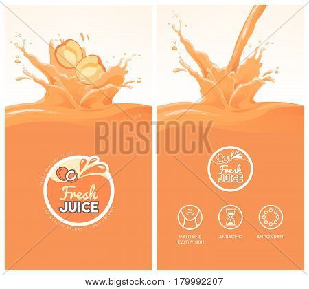 Drink menu with healthy apricot juice splash fruit icons and fresh juice badge