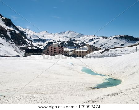 Gotthardpass, View Of The Frozen Lake To The Gotthard Pass