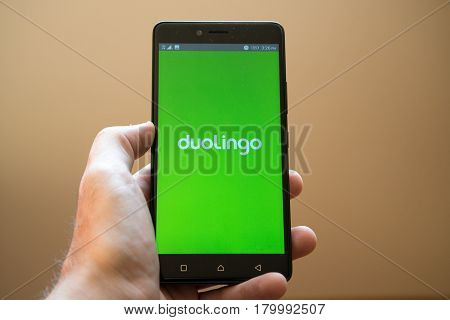 Nitra, Slovakia, March 24, 2017: Duolingo application logo on smartphone