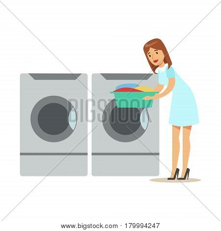 Woman Taking Out Clean Laundry, Part Of People Using Automatic Self-Service Laundromat Washing Machines Of Vector Illustrations. Person Taking Care Of The Clothes And Laundry Cartoon Drawing With Smiling Character.