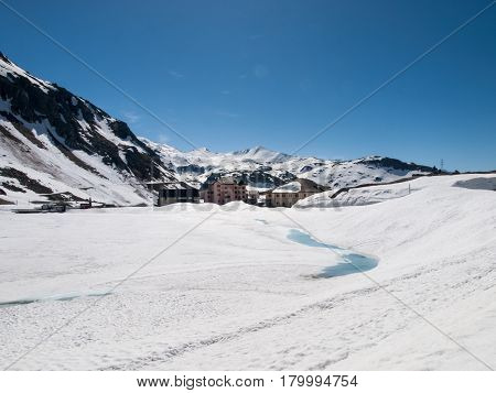 Gotthardpass, View Of The Frozen Lake To The Gotthard Pass