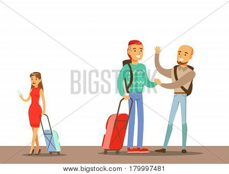 Passengers Saying Goodbyes In The Airport, Part Of People Taking Different Transport Types Series Of Cartoon Scenes With Happy Travelers. Travelling With Public Transportation Vector Simplified Scene.
