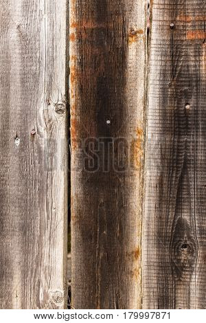 Weathered pine boards texture or background. Old wooden planks. Rusty iron nails.