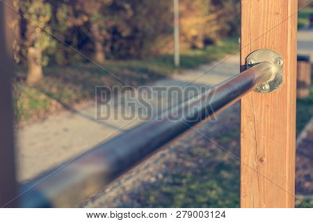 Closeup Of Metal Pullup Bar At Outdoor Fitness.