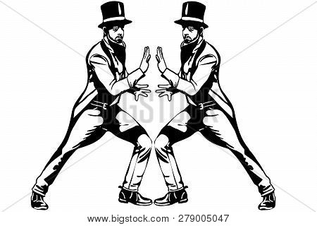 Black And White Vector Sketch Of A Magician In A Cylinder Making Passes With His Hands