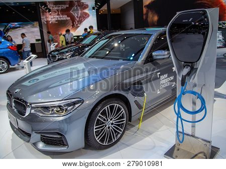 Nonthaburi, Thailand - December 4, 2018: Bmw 530e M Sport With Charging Point Presented In Motor Exp