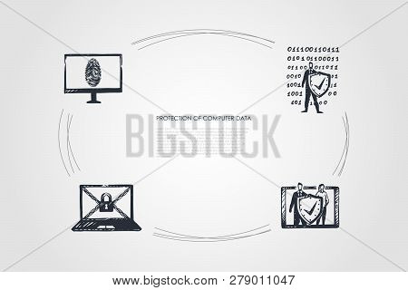 Protection Of Computer Data - Cipher, Fingerprint, Code, Password Vector Concept Set. Hand Drawn Ske
