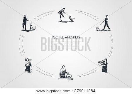 People And Pets - People With Their Dogs, Parrot, Fish And Lizzard Vector Concept Set. Hand Drawn Sk