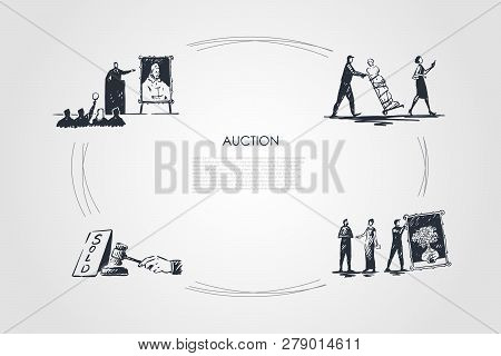 Auction - Bidding, Carrying Artworks, Hammering Sale, Art Gallery Vector Concept Set. Hand Drawn Ske