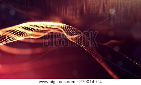 Particles Form Line And Surface Grid. 3d Rendering. Science Fiction Golden Background Of Glowing Par