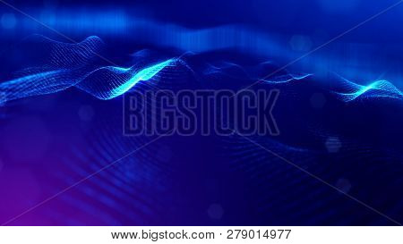 Particles Form Line And Surface Grid. 3d Rendering. Science Fiction Background Of Glowing Particles 