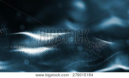 Particles Form Line And Surface Grid. 3d Rendering. Science Fiction Background Of Glowing Particles 