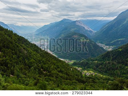 Chamonix Valley Summer Overcast View From Aiguille Du Midi Cable Car, French Alps