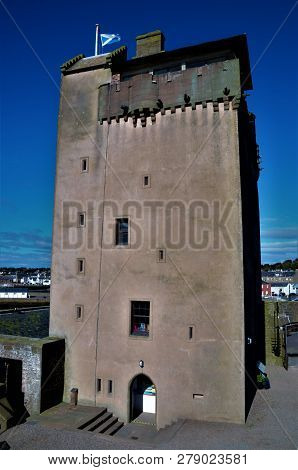An Exterior View Of A History Medieval Castle Turret Building In The Town Of Broughty Ferry In Scotl