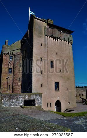 An Exterior View Of A History Medieval Castle Turret Building In The Town Of Broughty Ferry In Scotl