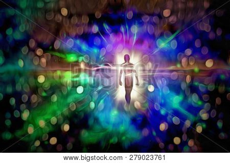 Figure emerges from vivid light. 3D rendering