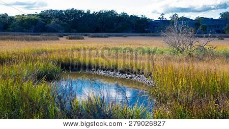 A View Of The Saltwater, Wetland Marsh Near The Coast Of St Simons, Georgia