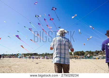 Cervia, Italy, April 2018: Many Colorful Kites In Different Shapes At Cervia International Kite Fest