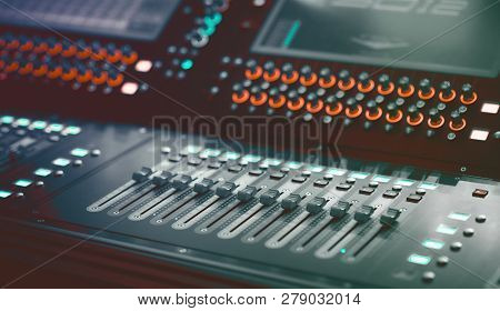 Light and Sound control mixer for Event on stage. Professional backstage device equipment. Professio