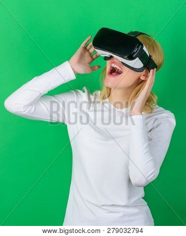 A Person In Virtual Glasses Flies In Room Space. Person With Virtual Reality Helmet Isolated On Gree