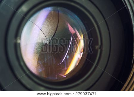 Camera Lens With Lense Reflections Modern Ultra Zoom Photo Camera Front View,black Dslr Camera,