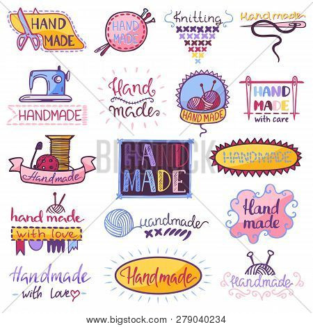 Handmade Logo Vector Sewing Knitting Handcraft Hobby Workshop Logotype Illustration Set Of Crochetin