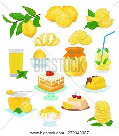 Lemon Food Vector Lemony Yellow Citrus Fruit And Fresh Lemonade Or Natural Juice Illustration Set Of