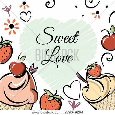 Ice Cream With Strawberry, Cherry Banner. Black White Pink Creame Red Hand Made Drawing For Kids, Ad