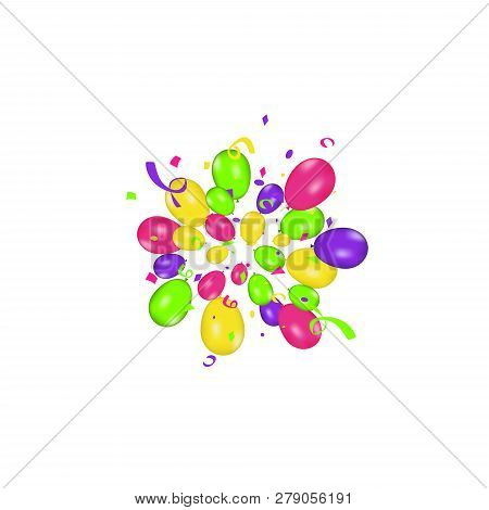 Color Composition Of Vector Realistic Balloons And Colorful Confetti Burstisolated On White Backgrou