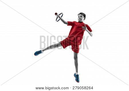 Young Teen Boy Tennis Player In Motion Or Movement Isolated On White Studio Background. The Sport, E