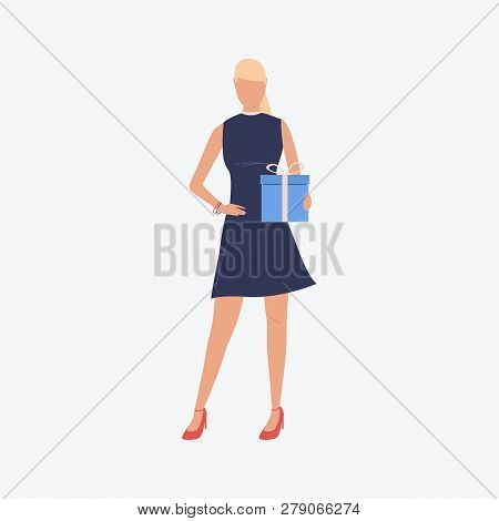 Blondie Girl Holding Blue Gift Box. Dress, High Heels, Present. Can Be Used For Topics Like Saint Va
