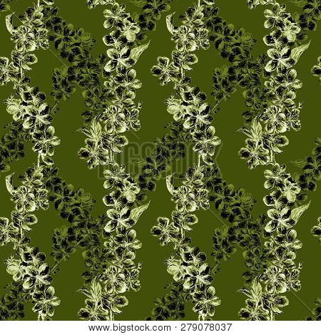 Hand Drawn Charcoal Pencil Illustration Flowers Of The Green Pulm Blossoms And Translucent Flowers L