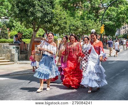 Malaga, Spain - August 11, 2018. Feria De Malaga Is An Annual Event That Takes Place In Mid-august A