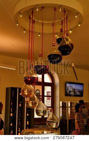 Barolo, Piedmont, Italy. July 2018. At The Shop And Wine Tasting At The Foot Of The Castle