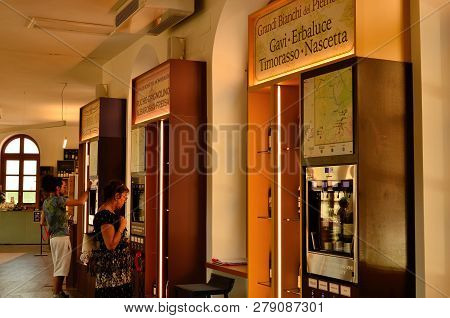 Barolo, Piedmont, Italy. July 2018. At The Shop And Wine Tasting At The Foot Of The Castle
