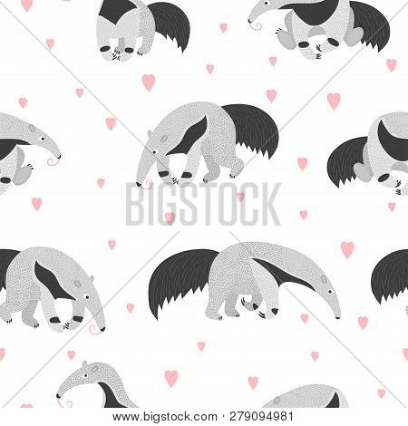 Seamless Pattern With Cute Cartoon Ant Eater And Hearts.