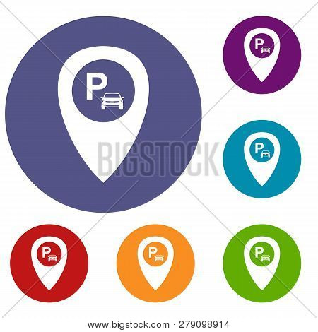 Map Pointer With Car Parking Icons Set In Flat Circle Reb, Blue And Green Color For Web