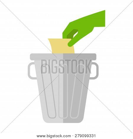 The Hand Throws Garbage, Garbage, Garbage Into The Trash Can. Do Not Litter. Vector Illustration. Ep