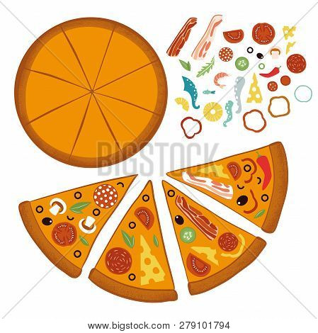 Round Big Mix Pizza, Slices Triangle, Italian Restaurant Menu, Snack Food Ingredients For Pizza