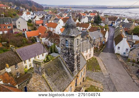Aerial View Of Culross Town With It's Beautiful 17Th Century Palace, The Merchant's House And Tradit