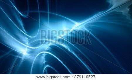 Abstract blue background element on black. Fractal graphics. Three-dimensional composition of glowing lines and mption blur traces. Movement and innovation concept.