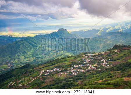 Road On The Moutain / Slope Road Curve And Village On Hill Countryside Asia Landscape