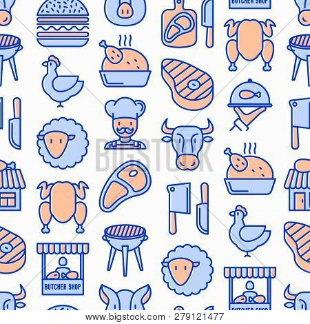 Butcher Shop Seamless Pattern With Thin Line Icons: Meat Steak, Beef, Pork, Mutton, Bbq, Chicken, Bu