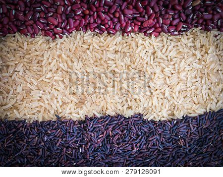Rice Background / Thai Rice Riceberry Agricultural Produce With Rice Purple Brown Rice And Red Kidne
