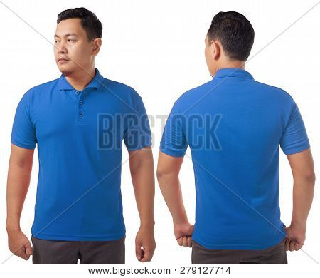 Blank Collared Shirt Mock Up Template, Front And Back View, Asian Male Model Wearing Plain Blue T-sh