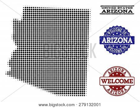 Welcome Composition Of Halftone Map Of Arizona State And Rubber Seals. Halftone Map Of Arizona State