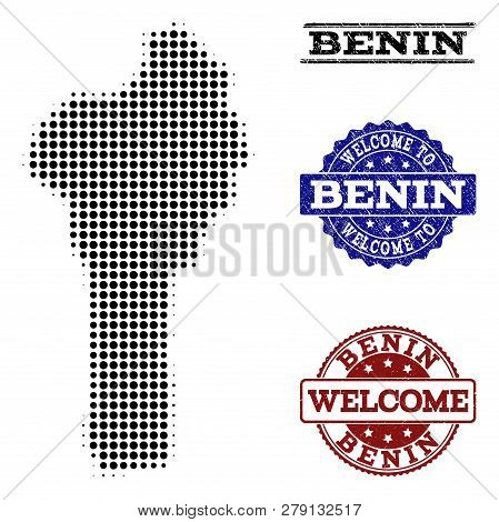 Welcome Composition Of Halftone Map Of Benin And Corroded Seals. Halftone Map Of Benin Constructed W